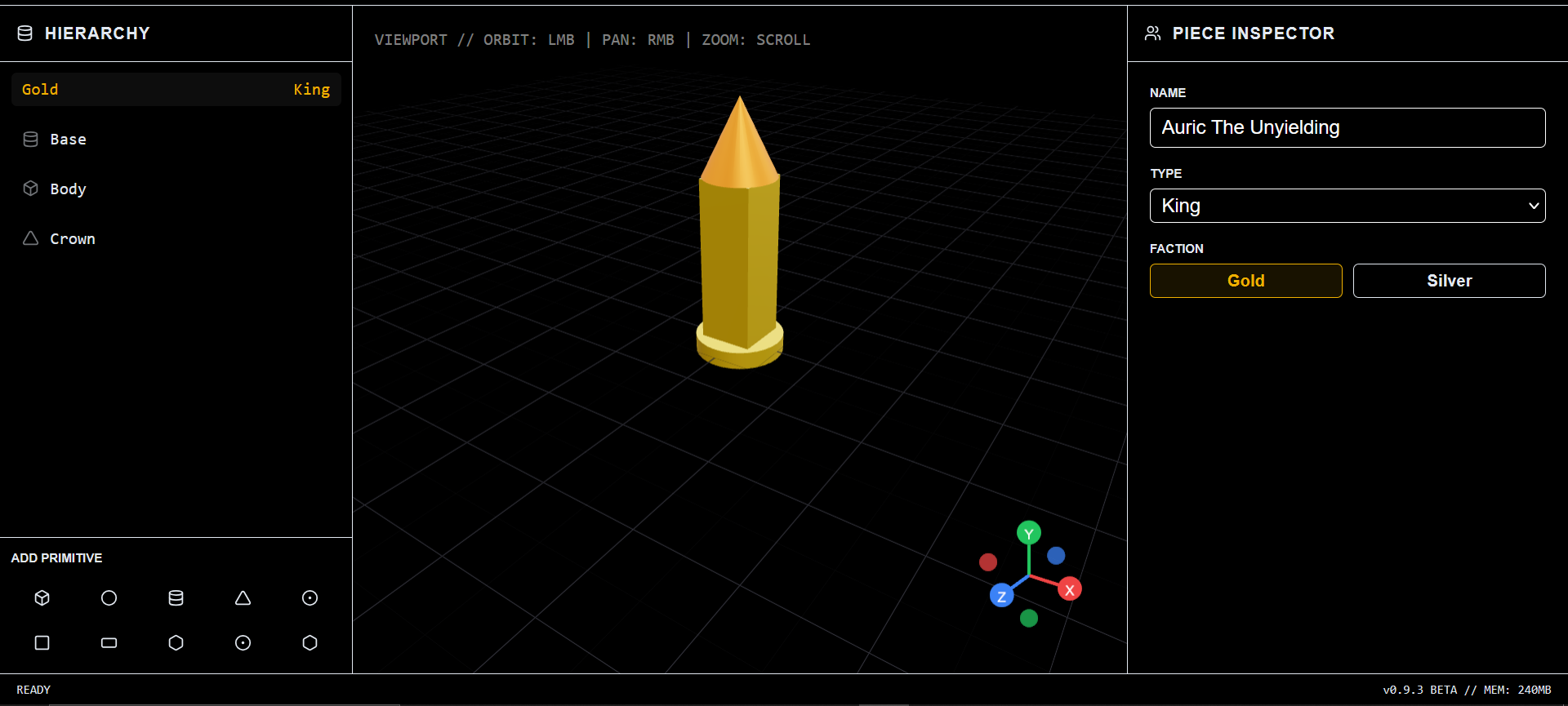 Chronos Architect — 3D piece editor with hierarchy and inspector
